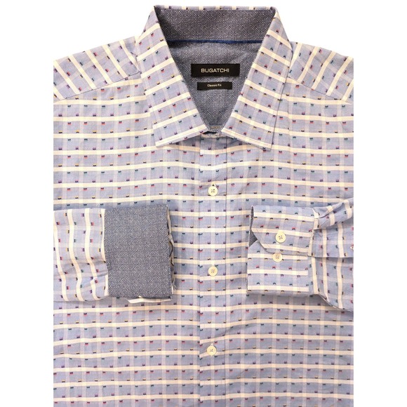 Bugatchi Other - Bugatchi Men's XXL‎ Shirt Classic Fit Blue Check Grid Multicolor Dot 100% Cotton